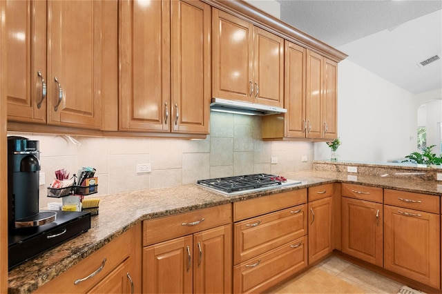 17206 Emerald Chase Dr, Tampa, FL 33647 - kitchen featuring visible vents, arched walkways, stone counters, stainless steel gas stovetop, and under cabinet range hood