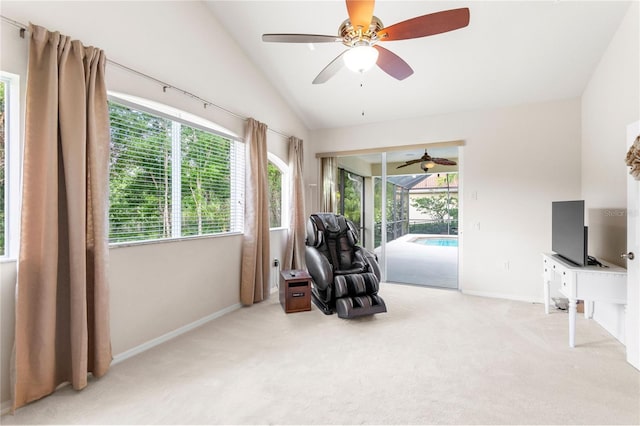 17206 Emerald Chase Dr, Tampa, FL 33647 - sitting room featuring baseboards, ceiling fan, carpet, and vaulted ceiling
