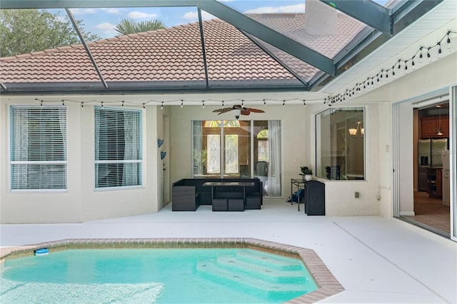 17206 Emerald Chase Dr, Tampa, FL 33647 - outdoor pool featuring a patio, an outdoor living space, and ceiling fan