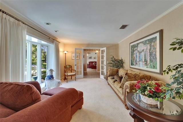 1603 Cottagewood Dr, Brandon, FL 33510 - living room featuring visible vents, crown molding, and french doors