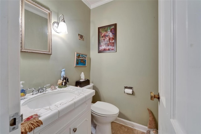 1603 Cottagewood Dr, Brandon, FL 33510 - half bathroom featuring vanity, baseboards, toilet, ornamental molding, and tile patterned flooring