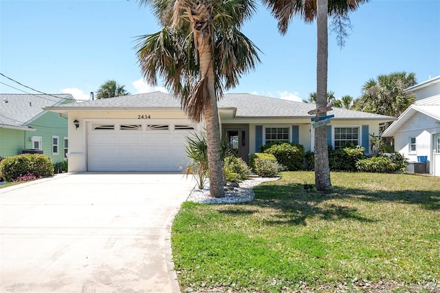 single story home with a front lawn, driveway, an attached garage, and stucco siding