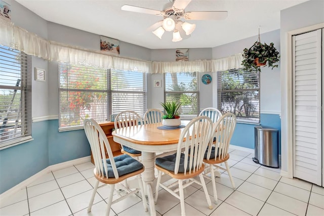 dining room featuring light tile patterned floors, a ceiling fan, and baseboards