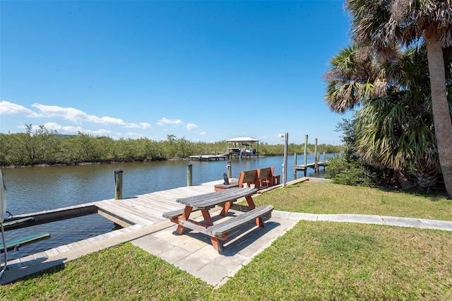 view of dock featuring a yard and a water view