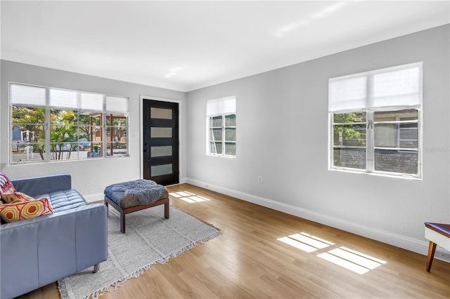 living room with light wood-style flooring and baseboards