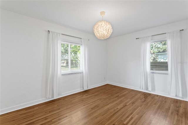 spare room featuring wood finished floors, a healthy amount of sunlight, and baseboards