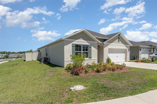 947 Serchio St, Haines City, FL 33844 - view of front facade with concrete driveway, stucco siding, an attached garage, a front yard, and central AC unit