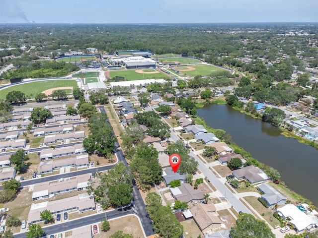 birds eye view of property featuring a water view