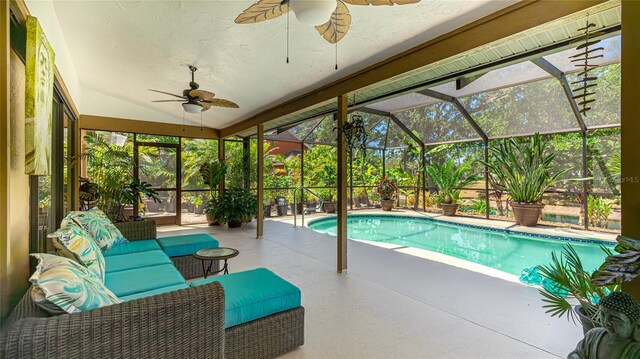 6148 Bonaventure Ct, Sarasota, FL 34243 - pool with ceiling fan, a lanai, and a patio area