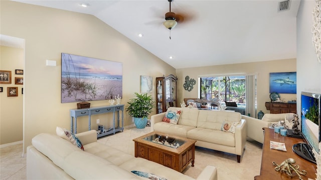 6148 Bonaventure Ct, Sarasota, FL 34243 - living room with baseboards, visible vents, high vaulted ceiling, and recessed lighting