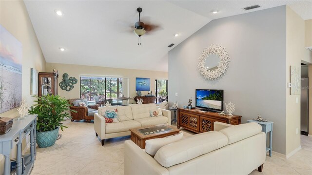 6148 Bonaventure Ct, Sarasota, FL 34243 - living room featuring high vaulted ceiling, ceiling fan, visible vents, and light tile patterned floors