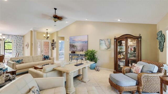 6148 Bonaventure Ct, Sarasota, FL 34243 - living room featuring lofted ceiling, light tile patterned flooring, and ceiling fan with notable chandelier
