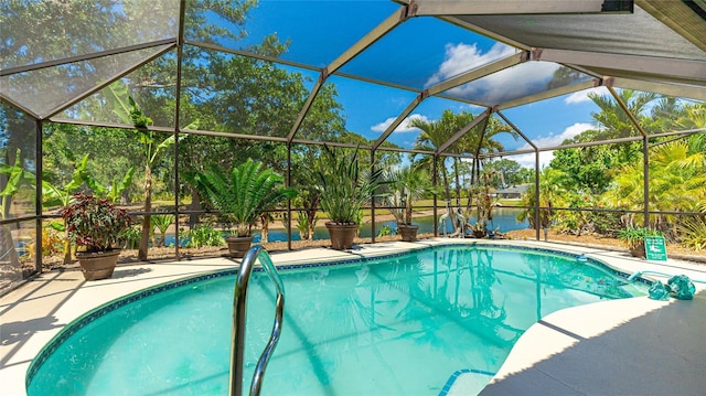 6148 Bonaventure Ct, Sarasota, FL 34243 - pool featuring glass enclosure, a water view, and a patio