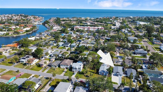 aerial view featuring a residential view and a water view