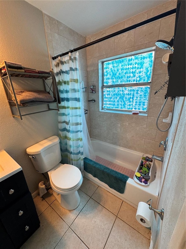 1407 College Park Ln, Tampa, FL 33612 - bathroom with toilet, shower / tub combo with curtain, tile patterned flooring, a textured wall, and vanity