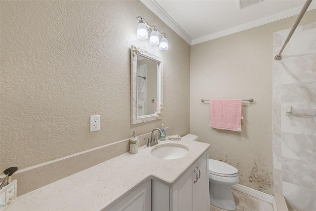 full bathroom with vanity, curtained shower, toilet, ornamental molding, and tile patterned flooring