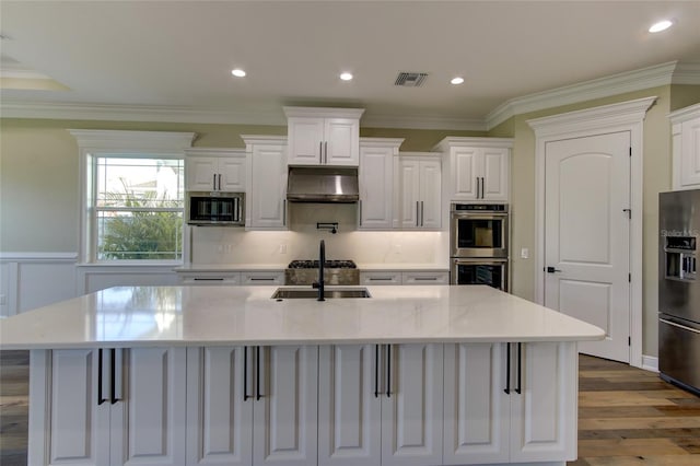 kitchen with visible vents, under cabinet range hood, white cabinets, a sink, and appliances with stainless steel finishes