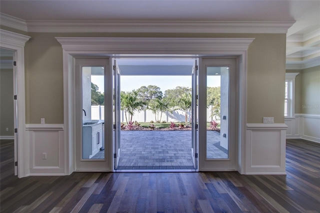 entryway with ornamental molding and dark wood-type flooring