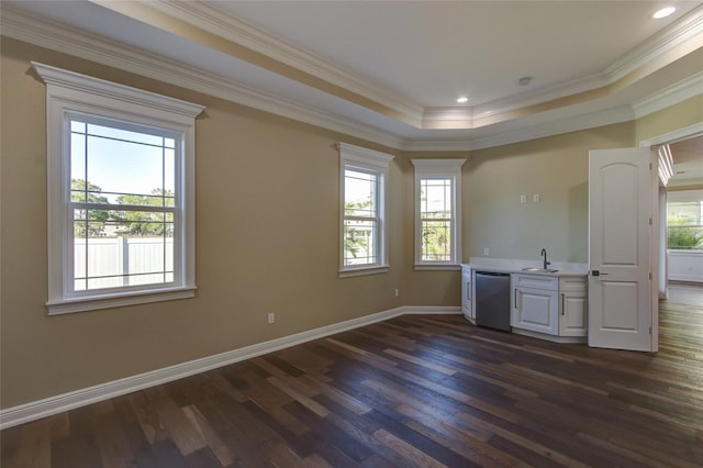 spare room with a sink, a raised ceiling, ornamental molding, baseboards, and dark wood-style floors