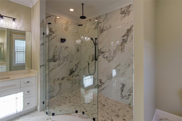 bathroom with crown molding, vanity, marble finish floor, a marble finish shower, and recessed lighting