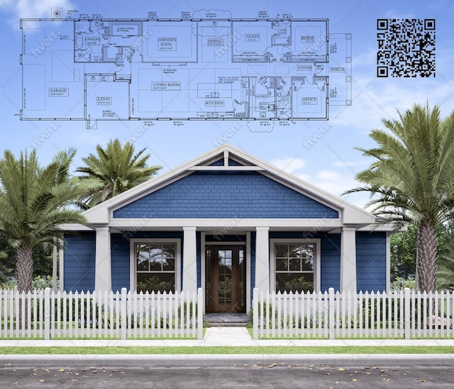 view of front of property featuring a fenced front yard and covered porch