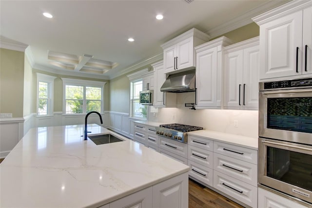 kitchen featuring under cabinet range hood, appliances with stainless steel finishes, ornamental molding, and a sink