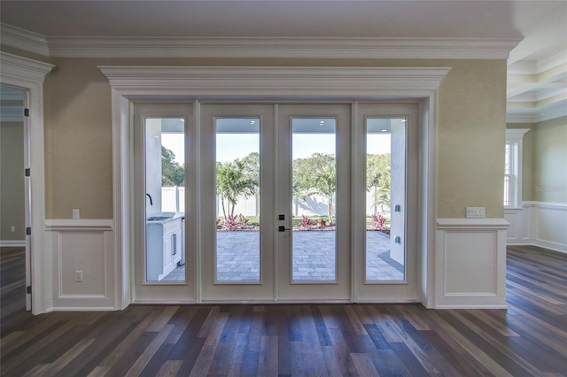 doorway featuring a sink, ornamental molding, french doors, and dark wood finished floors