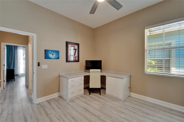 home office featuring light wood-type flooring, ceiling fan, baseboards, and plenty of natural light