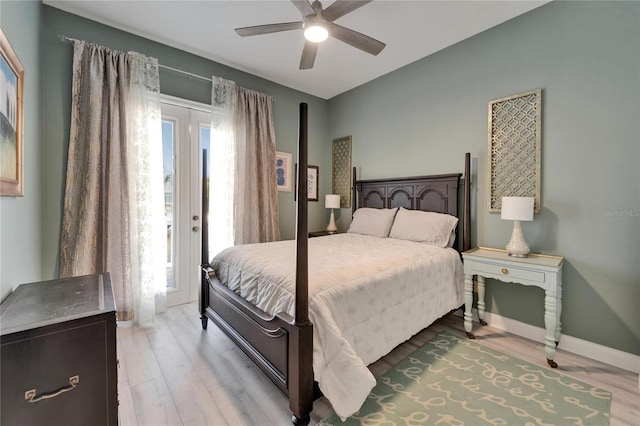 bedroom featuring access to outside, ceiling fan, light wood finished floors, and baseboards