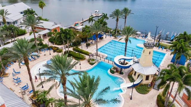 bird's eye view with a water view
