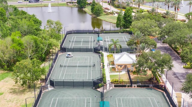 bird's eye view with a water view