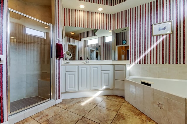 522 Planters Manor Way, Bradenton, FL 34212 - bathroom featuring a stall shower, wallpapered walls, vanity, a garden tub, and tile patterned flooring