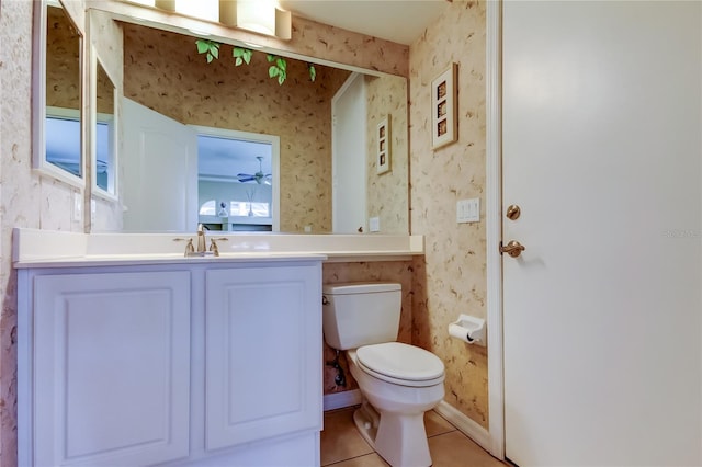 522 Planters Manor Way, Bradenton, FL 34212 - bathroom with wallpapered walls, vanity, tile patterned flooring, and ceiling fan