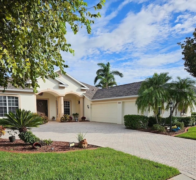 522 Planters Manor Way, Bradenton, FL 34212 - ranch-style house featuring a garage, stucco siding, and decorative driveway