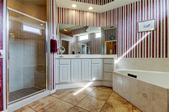 522 Planters Manor Way, Bradenton, FL 34212 - bathroom with a shower stall, wallpapered walls, vanity, a bath, and tile patterned flooring