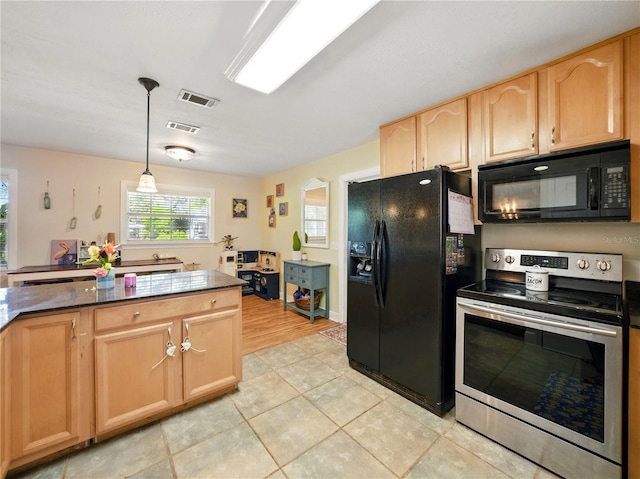 kitchen featuring black appliances, light brown cabinetry, light tile patterned flooring, pendant lighting, and visible vents