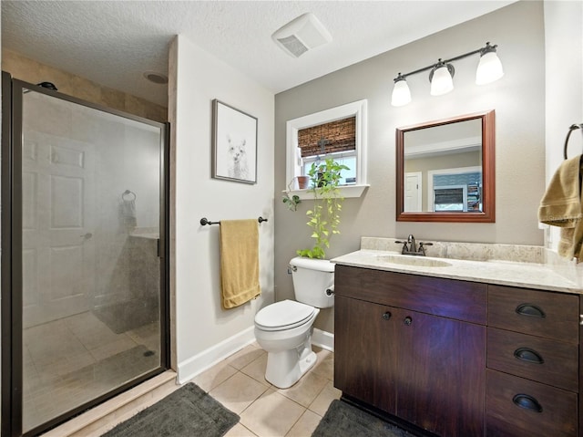 bathroom featuring a shower stall, tile patterned flooring, visible vents, toilet, and vanity