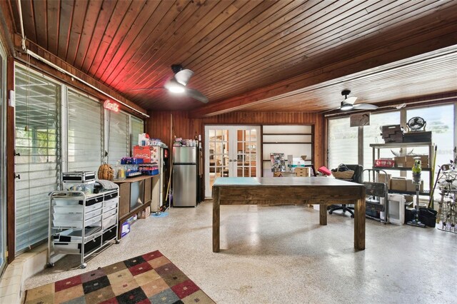 422 Dunedin Cir, Temple Terrace, FL 33617 - interior space with a ceiling fan, wood walls, wooden ceiling, and french doors