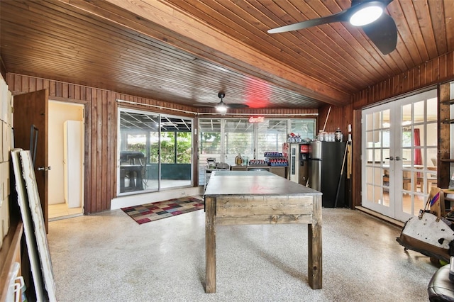 422 Dunedin Cir, Temple Terrace, FL 33617 - game room with french doors, wood walls, ceiling fan, and wooden ceiling
