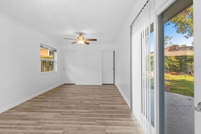 15118 Brushwood Dr, Tampa, FL 33624 - spare room with crown molding, ceiling fan, light wood-style floors, and baseboards