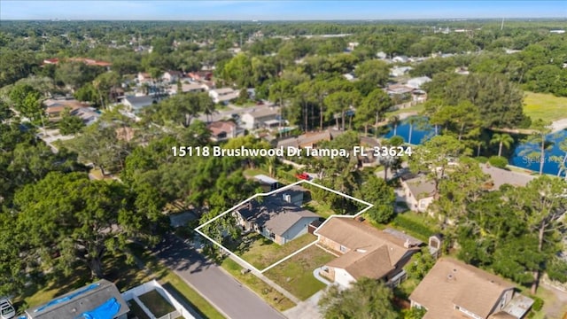 15118 Brushwood Dr, Tampa, FL 33624 - aerial perspective of suburban area with property boundaries highlighted and a nearby body of water