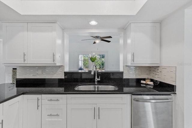 15118 Brushwood Dr, Tampa, FL 33624 - kitchen featuring dishwasher, a sink, white cabinetry, and recessed lighting