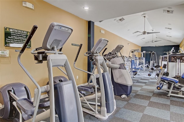 exercise room featuring ceiling fan, lofted ceiling, and carpet floors