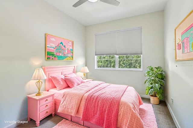 bedroom featuring carpet, ceiling fan, and baseboards