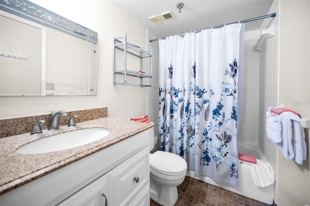 full bath featuring vanity, visible vents, shower / bathtub combination with curtain, and toilet
