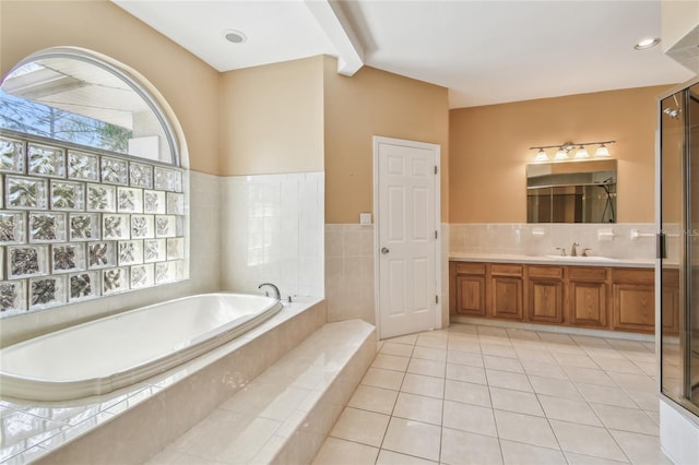 284 Peninsula Ave, Tarpon Springs, FL 34689 - full bathroom with a bath, tile patterned flooring, vanity, and beamed ceiling