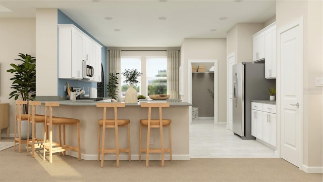 kitchen with stainless steel fridge with ice dispenser, black microwave, a peninsula, light colored carpet, and white cabinetry