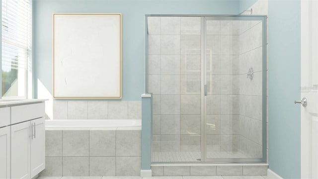 bathroom featuring a bath, a stall shower, and vanity