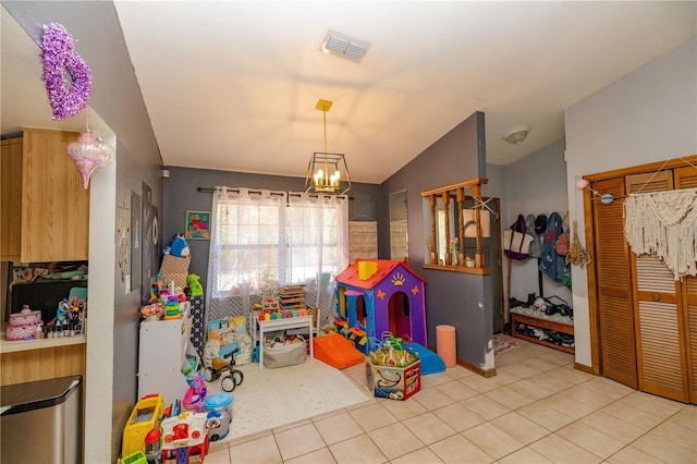 35109 Excalibur, Webster, FL 33597 - game room with visible vents, tile patterned floors, an inviting chandelier, and lofted ceiling