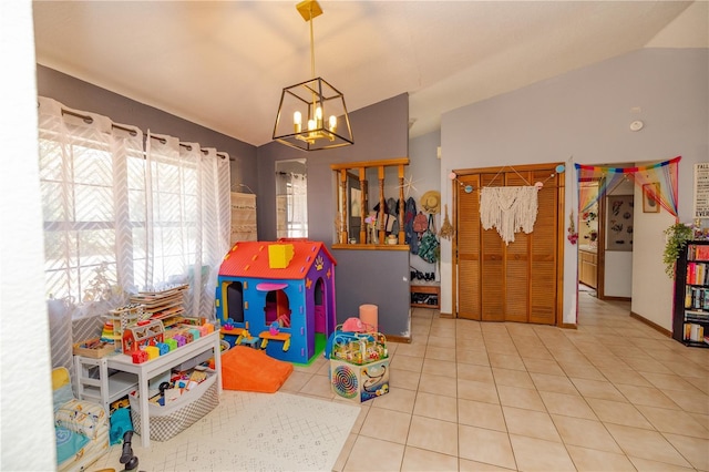 35109 Excalibur, Webster, FL 33597 - recreation room with an inviting chandelier, tile patterned floors, and vaulted ceiling